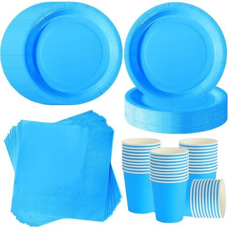 120 Pièces Vaisselle Jetable, Assiettes 7 Pouces, Gobelets, Serviettes Papier, Bleu Ciel, Pour 40 Invités, Fête