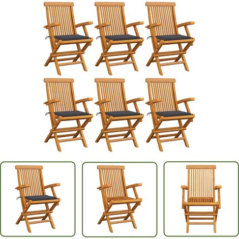 The Living Store Chaises de jardin avec coussins anthracite lot de 6 Bois teck - Chaise De Jardin - Mobilier De Jardin - Chaise En Bois - Set De Chaises - Terrasse (1/5)