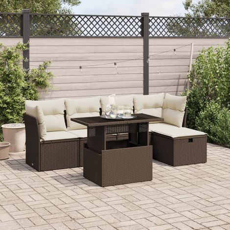 Salon de Jardin 6 Pièces Marron Résine Tressée avec Table Réglable et Coussins Blanc Crème, Dimensions : Siège Angle 62x62x69 cm, Table 100x55x44/73 cm (1/5)