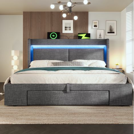 Cama dormitorio 160x200 con almacenamiento LED OKMYHOME (1/5)