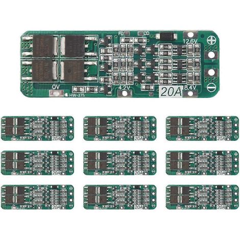 Lot de 10 modules de chargeur de batterie lithium-ion 3S 20A BMS 18650 avec carte de protection BMS et circuit imprimé (11,1 V, 12 V, 12,6 V). (1/5)