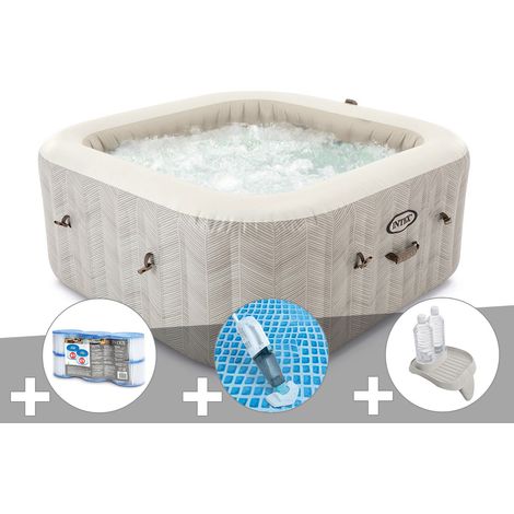 Kit spa gonflable Intex PureSpa Chevron carré Bulles 6 places + 6 filtres + Aspirateur + Porte-verre