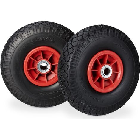 Relaxdays Roue de diable, 2x roue de brouette caoutchouc, 3.00-4", 260 x 85 mm, pour axe de 20 mm, noir-rouge (1/5)