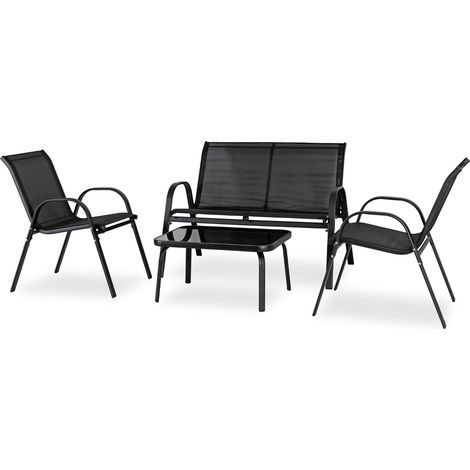 Minnesota Schwarzes Gartenmöbelset, Bank, Stühle, Terrassentisch, Netzgewebe, modern (1/5)