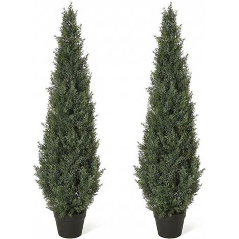 Cyprès artificiel 120cm réaliste toujours vert résistant UV intérieur extérieur sans entretien avec pot lot de 2 pour jardin terrasse