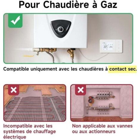 NALOOKAMIC Thermostat Chaudiere gaz à Pile,Programmable quotidiennement,Alimentation par Batterie ou USB,Blanc