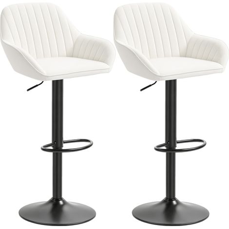 Ensemble de 2 tabourets de bar pivotants, hauteur réglable de 62 à 83 cm, revêtement en velours, dossier et repose-pieds, couleur crème. (1/5)