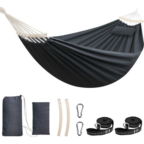 Coton Hamac Grand hamac Souple Respirant Hamac de Camping Peut Supporter jusqu'à 300KG Hamac d'arbre Portable avec Barre d'écartement détachable Oreiller 2 Sangles Solides 2 mousquetons