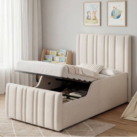 Lit enfant rembourré en lin beige 90x200 cm avec rangement hydraulique et sommier à lattes inclus (1/5)