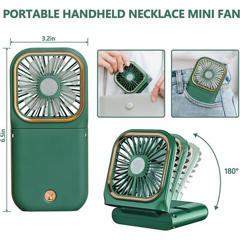 Ventilateur Cou Portable - Personnel - Silencieux pliable rechargeable USB support téléphone - Maison bureau voyage extérieur - Vert (1/4)