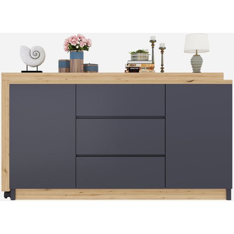 Bureau pivotant pliable avec 2 portes, 3 tiroirs et 2 roulettes freinables, bureau droit ou d’angle multifonction gain de place en gris et bois clair  CHICFURN (1/5)