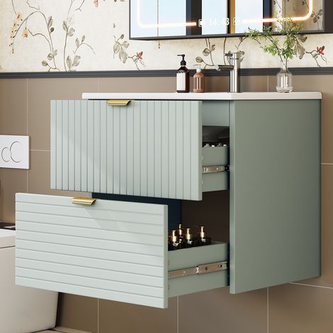 Meuble lave-mains suspendu en MDF laqué vert menthe avec vasque céramique intégrée, 61 x 46 x 57 cm, 2 tiroirs (1/5)