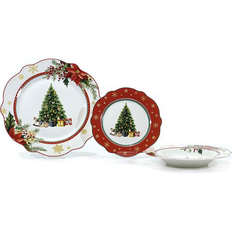 Elegante Servizio di Piatti Natalizi da 18 Pezzi in Porcellana rosso Perfetto per le Festività - Design Ondulato (1/5)