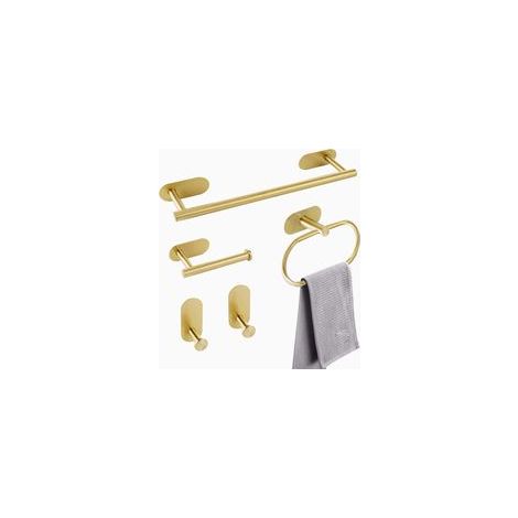Kit Salle de Bain 5 Pièces - Accessoires en Acier Inoxydable SUS304, Barres et Anneaux Porte-Serviette Dorés sans Perçage