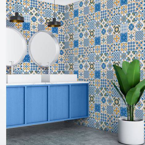 Sticker Mural Carrelage adhésif Cuisine Salle de Bain - 60 STICKERS CARRELAGES AZULEJOS MAURIZIA - 60stickers10x10cm (1/5)