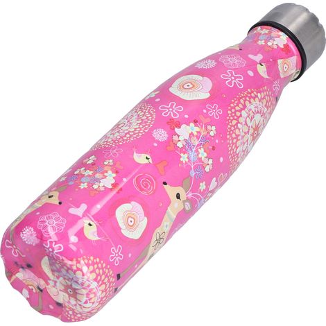 Isolierte Edelstahlflasche, leere Sportflasche, Bowlingform, 500 ml Fassungsvermögen, Wärmeisolierung, rosa Colaflasche mit geradem Hirschmotiv. (1/5)