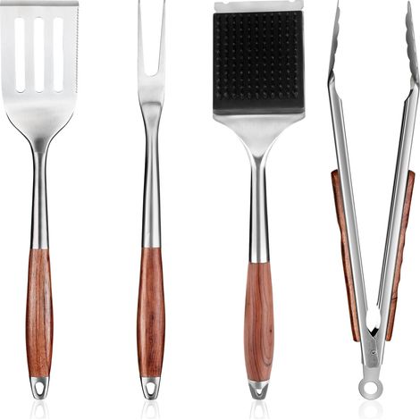 Set di 4 accessori per barbecue resistenti, set per grigliate all'aperto con spatola, forchettone, spazzola e pinze, accessori per grigliate