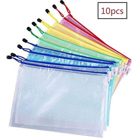 Pochettes A4 à fermeture éclair, lot de 10, pochettes en plastique filet pour documents, papier, cosmétiques, devoirs et accessoires de voyage. (1/5)