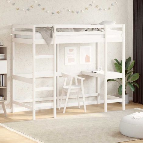 Cama alta con escritorio madera maciza pino blanca 90x200 cm (1/5)