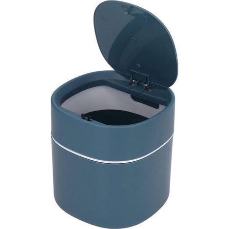 Mini cestino da tavolo con coperchio e dispositivo di raccolta rifiuti - blu - adatto per ufficio e bagno. (1/5)