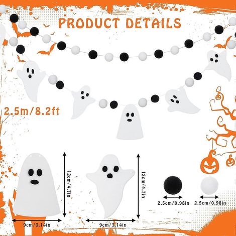 Guirlande de 3 boules de pompons fantômes d'Halloween, bannière sur le thème d'Halloween, boules de feutre noires et blanches, décorations suspendues fantômes d'Halloween pour maisons hantées (1/3)