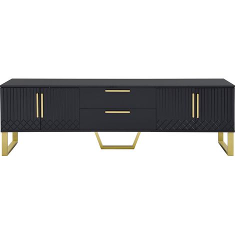 ELVMI Mobile TV con 4 Ante, 2 Cassetti e Fori Passacavi, Finitura Lucida, in MDF, Nero, 170×40×53.5 cm (1/4)