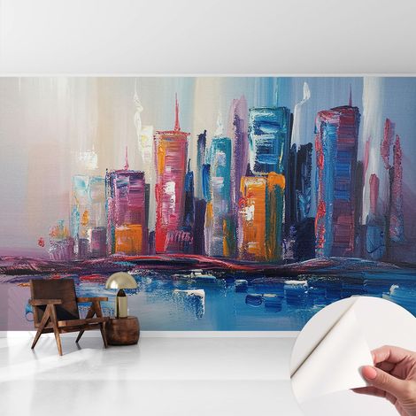 Selbsthaftend Tapete für Wohnzimmer Schlafzimmer Küche - Wanddekoration Farbenfrohe Stadt 416x254 cm (1/5)