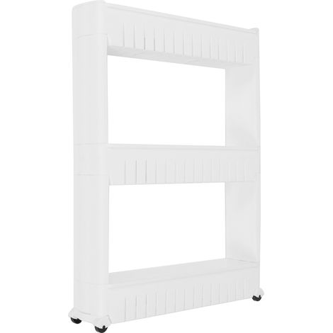 Étagère coulissante étroite blanche 3 niveaux, chariot de rangement mince pour salle de bain et cuisine, organisateur d'espace avec tiroirs coulissants. (1/5)