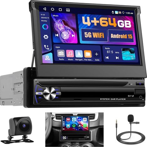 4+64GB 1 DIN GPS Wireless , Ecran Tactile 7 Pouces Retractable Poste Radio Voiture Bluetooth , DVR, USB, SWC, Caméra de Recul (1/5)