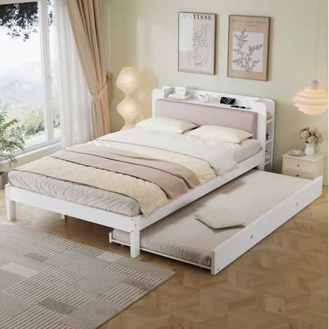 Lit gigogne 120x200 cm en bois blanc, gain de place pour chambre, sans matelas FloraGrace (1/5)