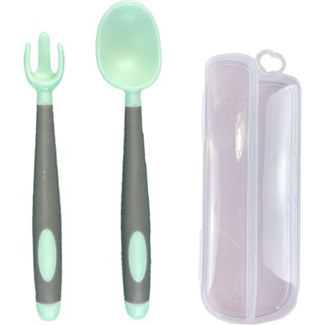 Ensemble de couverts pour bébé (cuillères et fourchettes) avec étui de voyage sécurisé, prise en main facile, résistant à la chaleur et flexible (1/5)