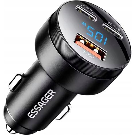 Caricabatterie da auto ESSAGER con 1 porta USB A + 2 porte USB C, potenza totale 105 W + cavo da 0,5 m (1/5)