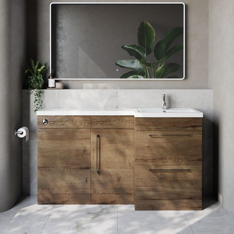 Napoli 390 Tobacco Oak 1500mm 2 Drawer Vanity Unit Toilet Suite with Right Hand Square Lucia Basin - 1500mm - Chrome 320mm HandleWithout Kingston Toilet Pan