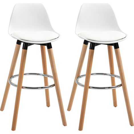 Lot de 2 tabourets de bar avec dossier, assise confortable en cuir régénéré blanc, pieds en bois de hêtre et repose-pieds acier  CHICFURN (1/5)