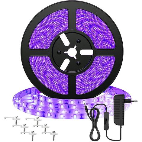 Ruban LED UV 300 LEDs 385-400nm, Bandeau Noir 5M x 8mm, Éclairage Ultraviolet Flexible (1/5)