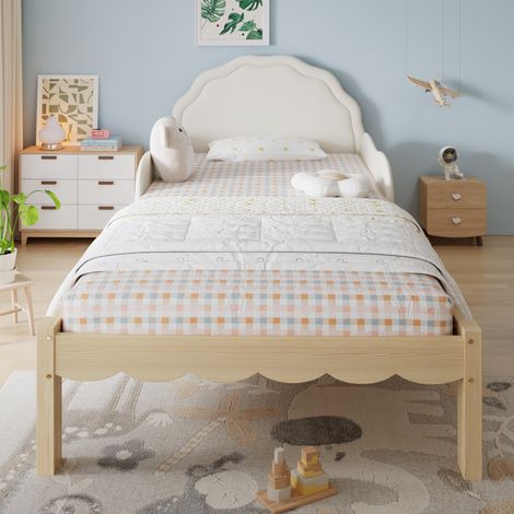 Lit enfant Polsterbett 90x200cm beige, sommier à lattes stable, cadre en bois, tête de lit en PU, barrière latérale de sécurité, design adapté aux enfants (1/5)