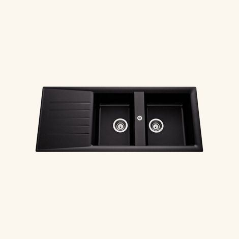 Évier résine noir 116x50 cm – 2 bacs réversibles – Évier à encastrer avec vidage manuel – Bonde et siphon inclus – EWI (1/3)