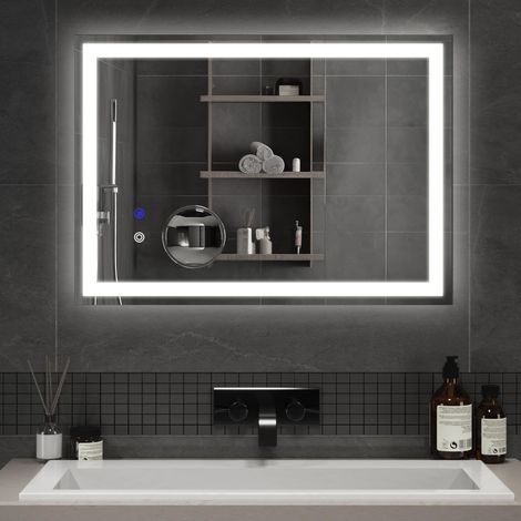 Miroir de Salle de Bain avec Éclairage, Miroir Mural LED avec Interrupteur Tactile et Antibuée, Loupe 5X Detachable avec Luminosité Ajustable, Style Moderne pour Salle de Bain, 50 x 70 cm (1/5)