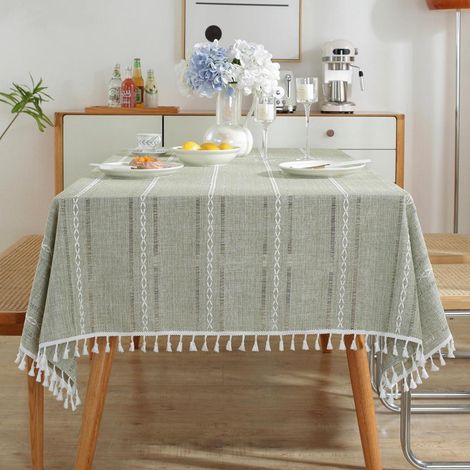 Tischdecke Baumwoll-Leinen Grün mit Quasten, rechteckig 140x180 cm, waschbar