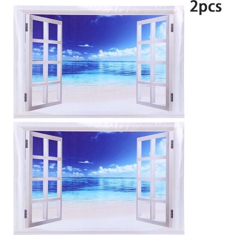 Adesivo murale unico con mare blu e finestra, 2 pezzi, decorazione per porte e finestre di casa - Crezuo