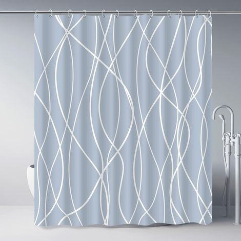 Duschvorhang 180 x 180, Duschrollo, weiß gestreift, Stoff für Badewanne, wasserdichte Vorhänge, Badezimmer, Duschvorhang, weiß, mit 12 Haken