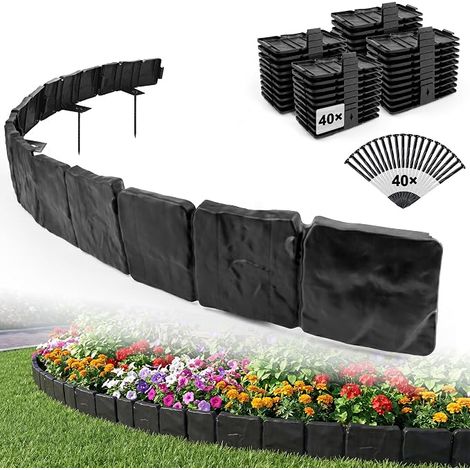 Bordure Jardin 10 m Flexible Imitation Pierre avec Piquets Bordure Pelouse Plastique avec Piquets, Séparation de Massifs, Allées et Gazon (1/5)