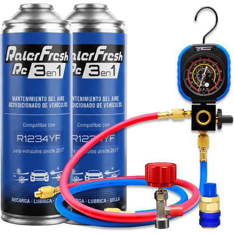 Pack gas refrigerante 2 botellas Ralerfresh RC R1234YF 3en1 500ml con Manometro RF31, llave y conector rápido (1/5)