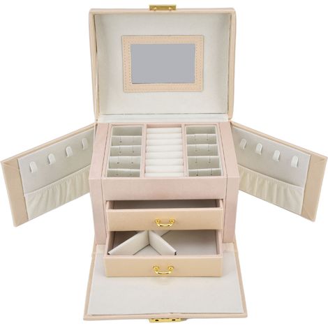 Coffret de voyage à bijoux, boîte de rangement portable avec clé et deux tiroirs pour bagues, boucles d'oreilles et colliers.