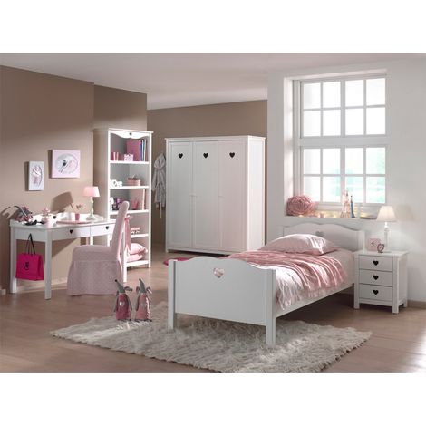 Lit 90x200 - Chevet 3 tiroirs - Armoire 3 portes - Bureau et Bibliothèque Vipack Amori - Blanc (1/5)
