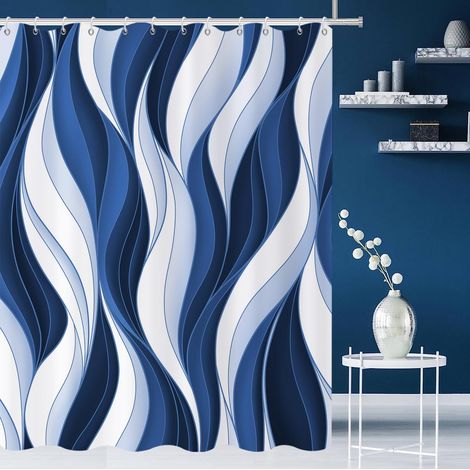 Rideau de Douche, 180x240cm, Moderne Abstrait Blanc Bleu Ombre Rayé Art Minimaliste Imperméable Rideau de Salle de Bain Lavable en Machine avec Crochets (1/5)