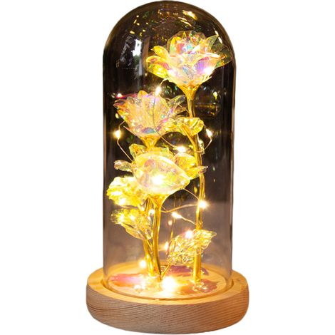 LED-Rosen-Glaslampe auf Holzsockel – Beleuchtete künstliche Blume mit konservierter Rose und LED-Beleuchtung (1/5)