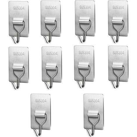 Lot de 10 crochets adhésifs en acier inoxydable - Crochets muraux sans perçage pour cuisine, salle de bain (1/5)