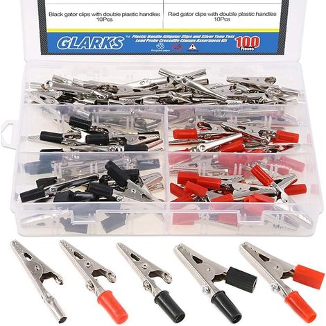 Lot de 100 pinces crocodiles en métal 3 styles 53 mm pour test de laboratoire, 50 pièces avec aiguilles en plastique rouge et noir et 50 pièces sans capuchon