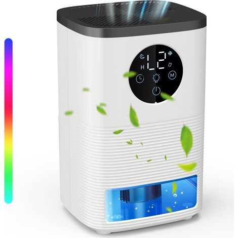 Elektrischer Luftentfeuchter, 1400 ml, leiser Luftentfeuchter mit 2 Geschwindigkeiten, tragbar, kleine Luftentfeuchter mit 4–24 Timer, automatischer Abschaltleuchte, 7-Farben-LED, automatische Abtauun